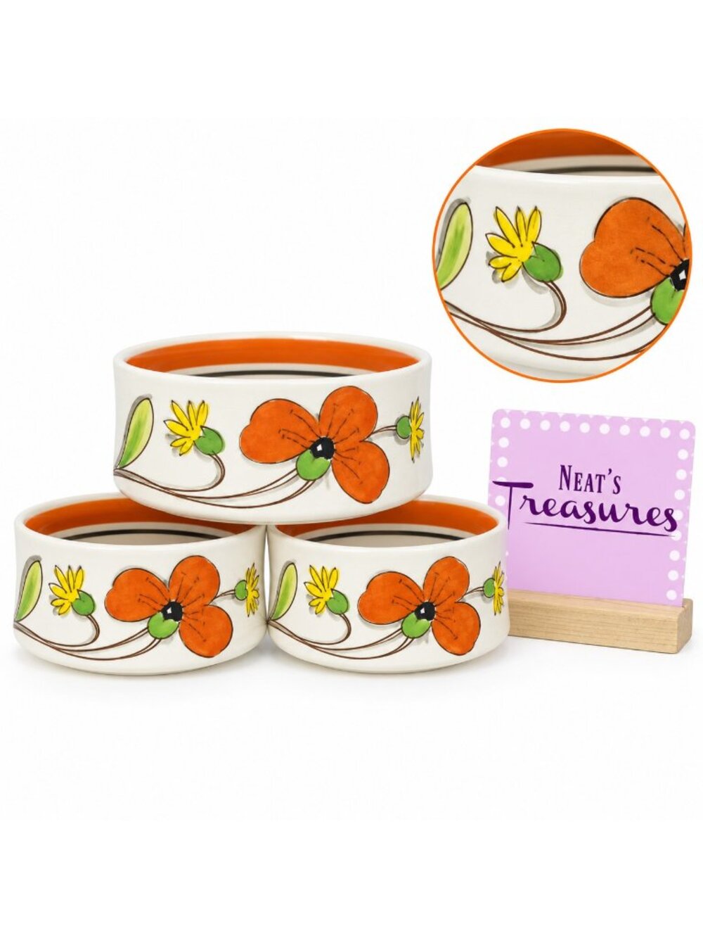 Mancer Italy ORANGE YELLOW FLORAL Hand Paint Stackable Ceramic Bowl Set 3 Flaw